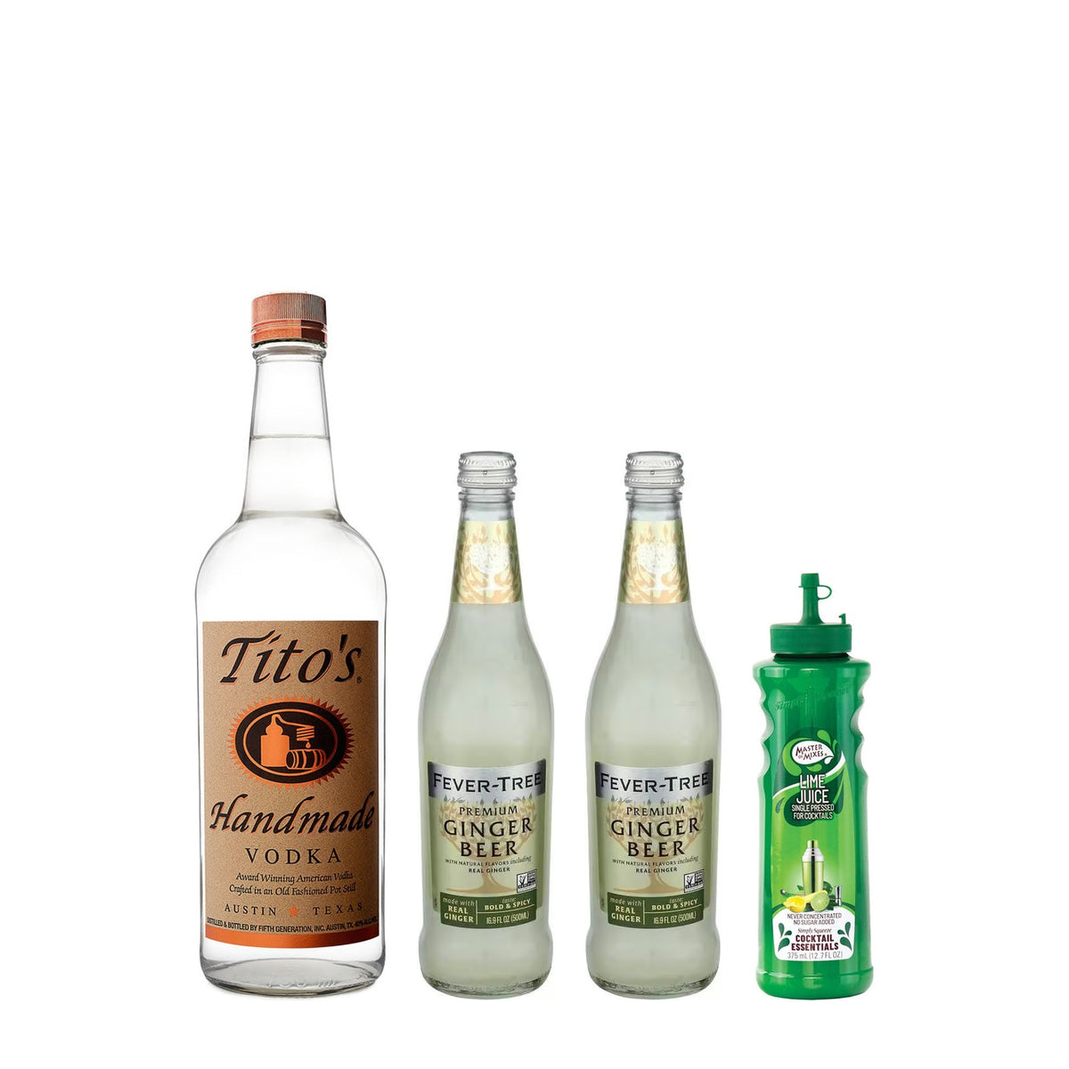 Moscow Mule Kit: Tito's Handmade Vodka, two Fever-Tree Premium Ginger Beer 500ML and Master of Mixes lime juice