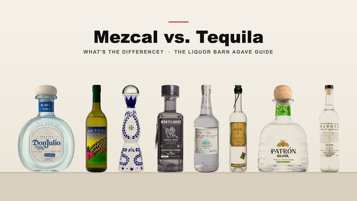 Tequila and mezcal bottles side by side, including Don Julio Blanco, Del Maguey Vida, Clase Azul Reposado and Montelobos