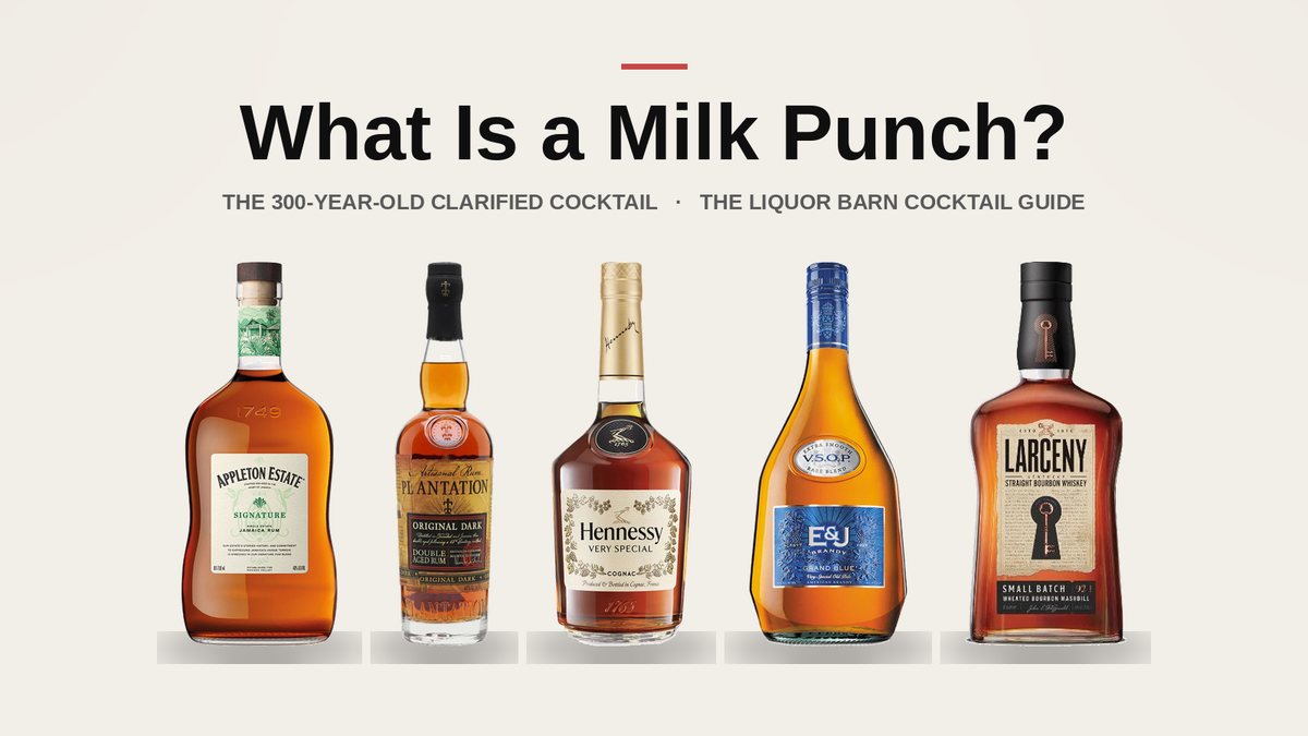 Milk punch ingredients on a shelf: Appleton Estate Signature rum, Planteray Original Dark rum, Hennessy VS cognac, E&J VSOP brandy and Larceny wheated bourbon