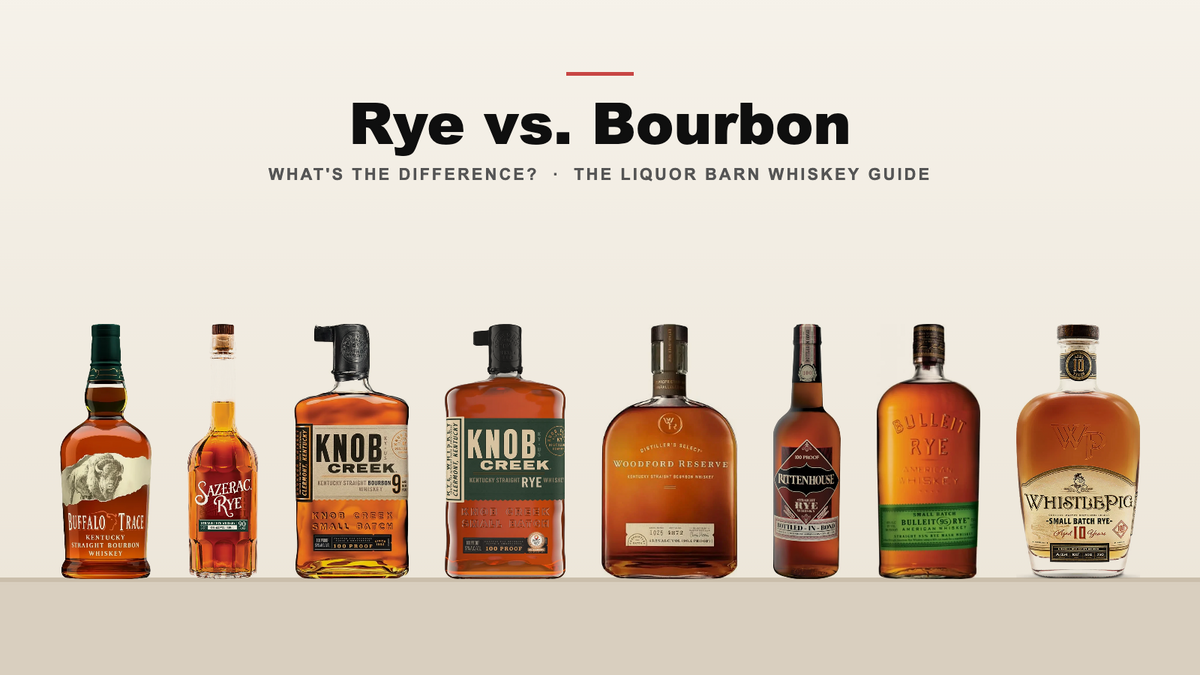Bourbon and rye whiskey bottles side by side, including Buffalo Trace, Sazerac Rye, Knob Creek and Knob Creek Rye