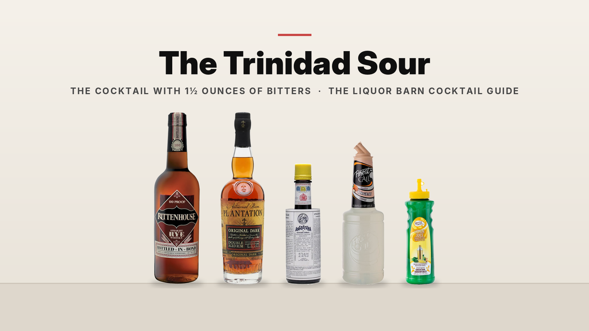 Trinidad Sour ingredients on a shelf: Rittenhouse Rye, Planteray Original Dark Rum, Angostura Aromatic Bitters, Finest Call Orgeat and lemon juice