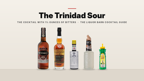 Trinidad Sour ingredients on a shelf: Rittenhouse Rye, Planteray Original Dark Rum, Angostura Aromatic Bitters, Finest Call Orgeat and lemon juice