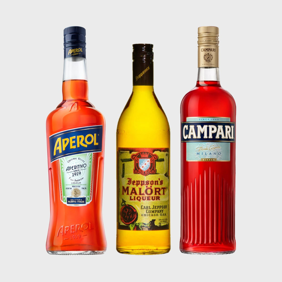 Aperol, Jeppson's Malort and Campari bottles