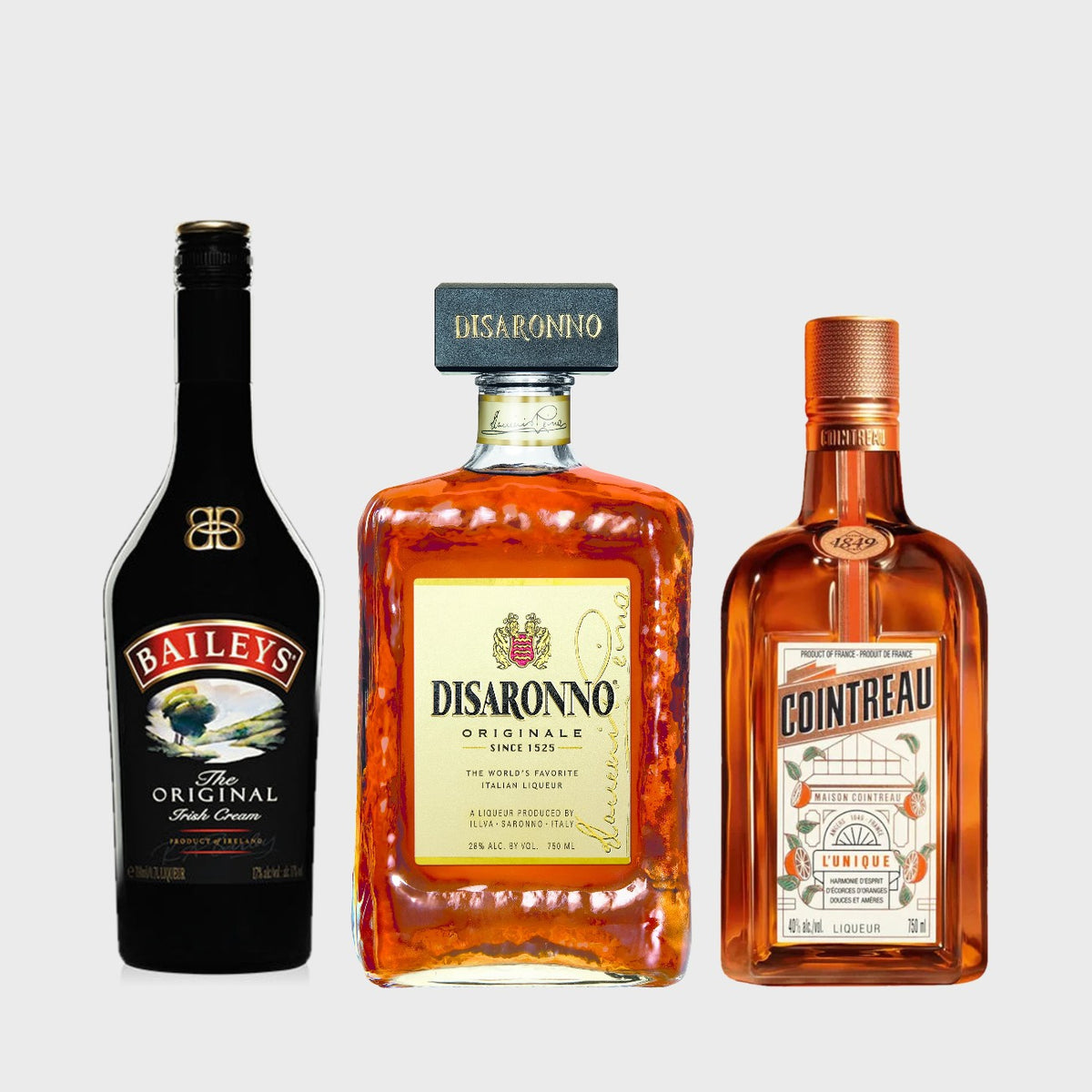 Baileys Irish Cream, Disaronno Amaretto and Cointreau liqueur bottles