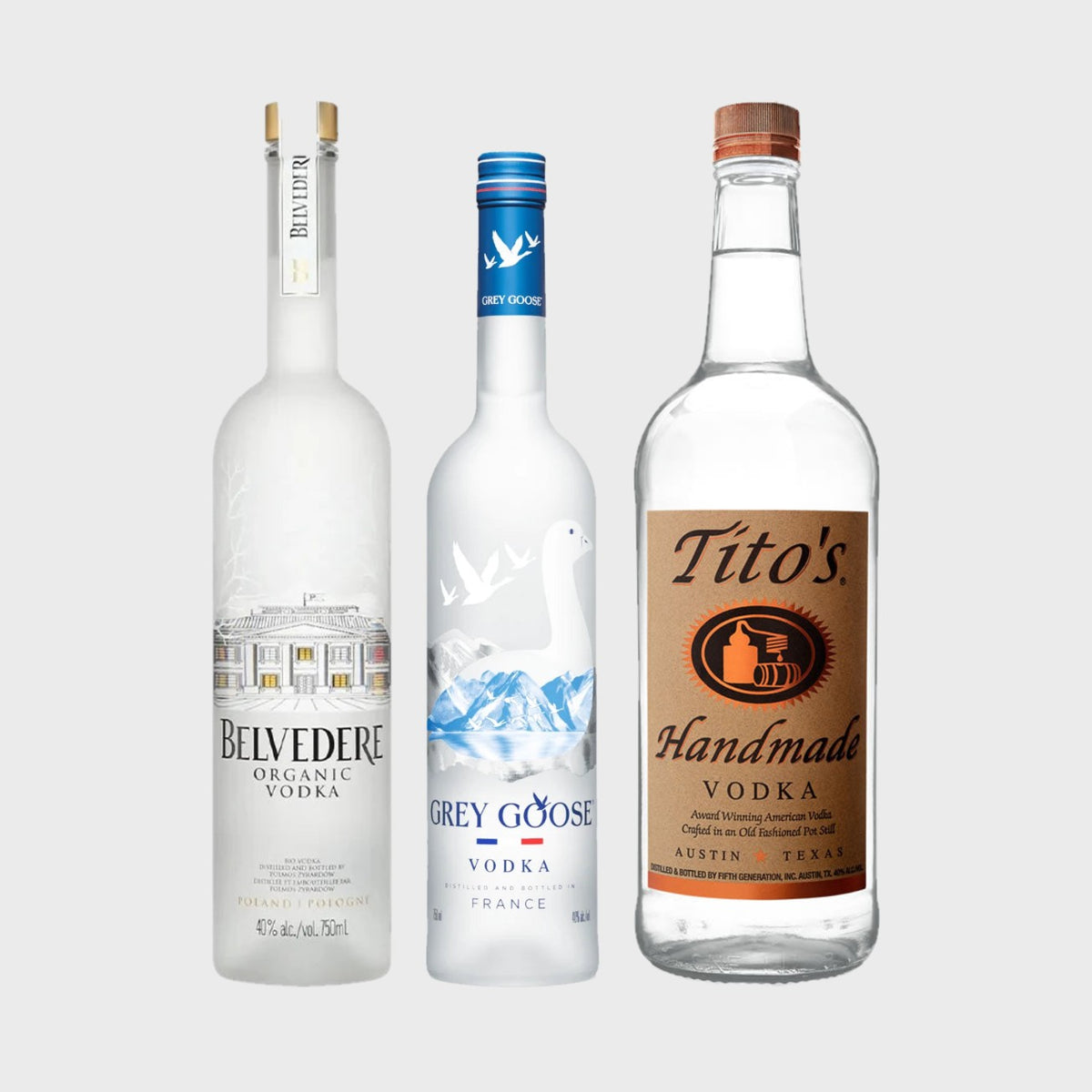 Belvedere, Grey Goose and Tito's vodka bottles