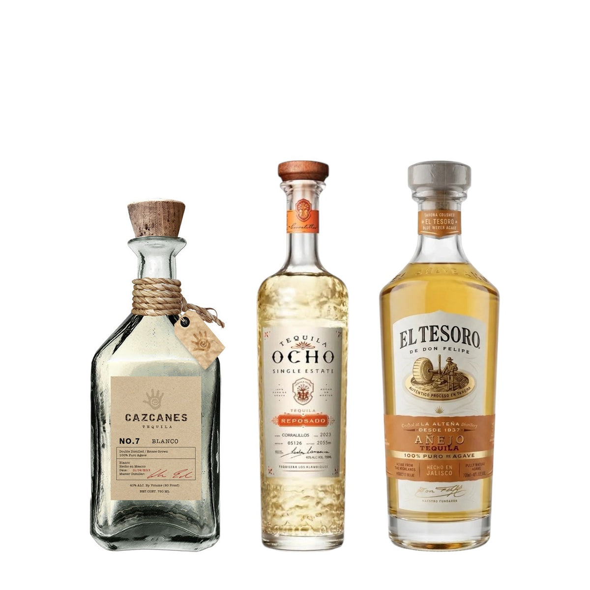 Additive-Free Tequila Flight: Cazcanes No. 7 Blanco, Tequila Ocho Reposado and El Tesoro Anejo