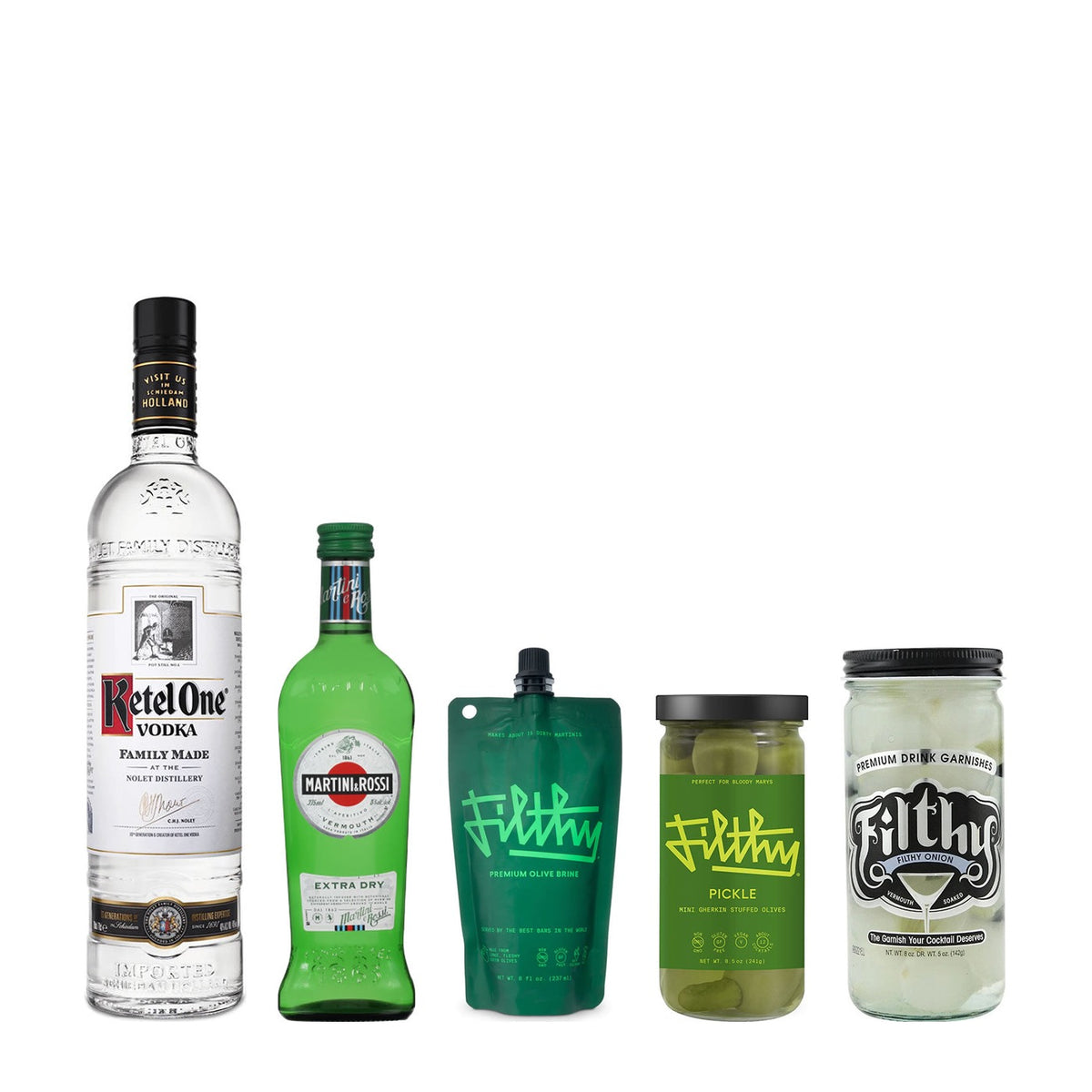 Dirty Pickle Martini Kit: Ketel One Vodka, Martini & Rossi Extra Dry Vermouth, Filthy Olive Brine, Filthy Pickle Stuffed Olives and Filthy Cocktail Onions