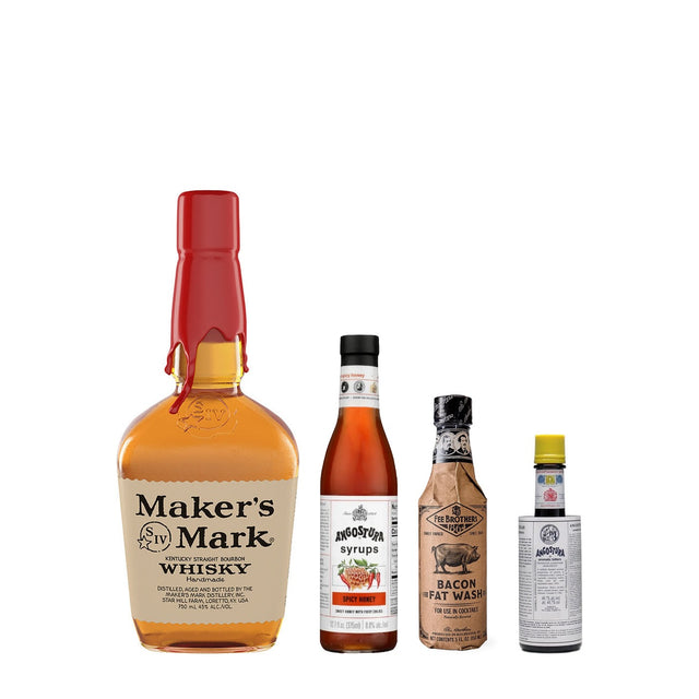 Hot Honey Bacon Old Fashioned Kit: Maker's Mark Bourbon, Angostura Spicy Honey Syrup, Fee Brothers Bacon Fat Wash and Angostura Bitters