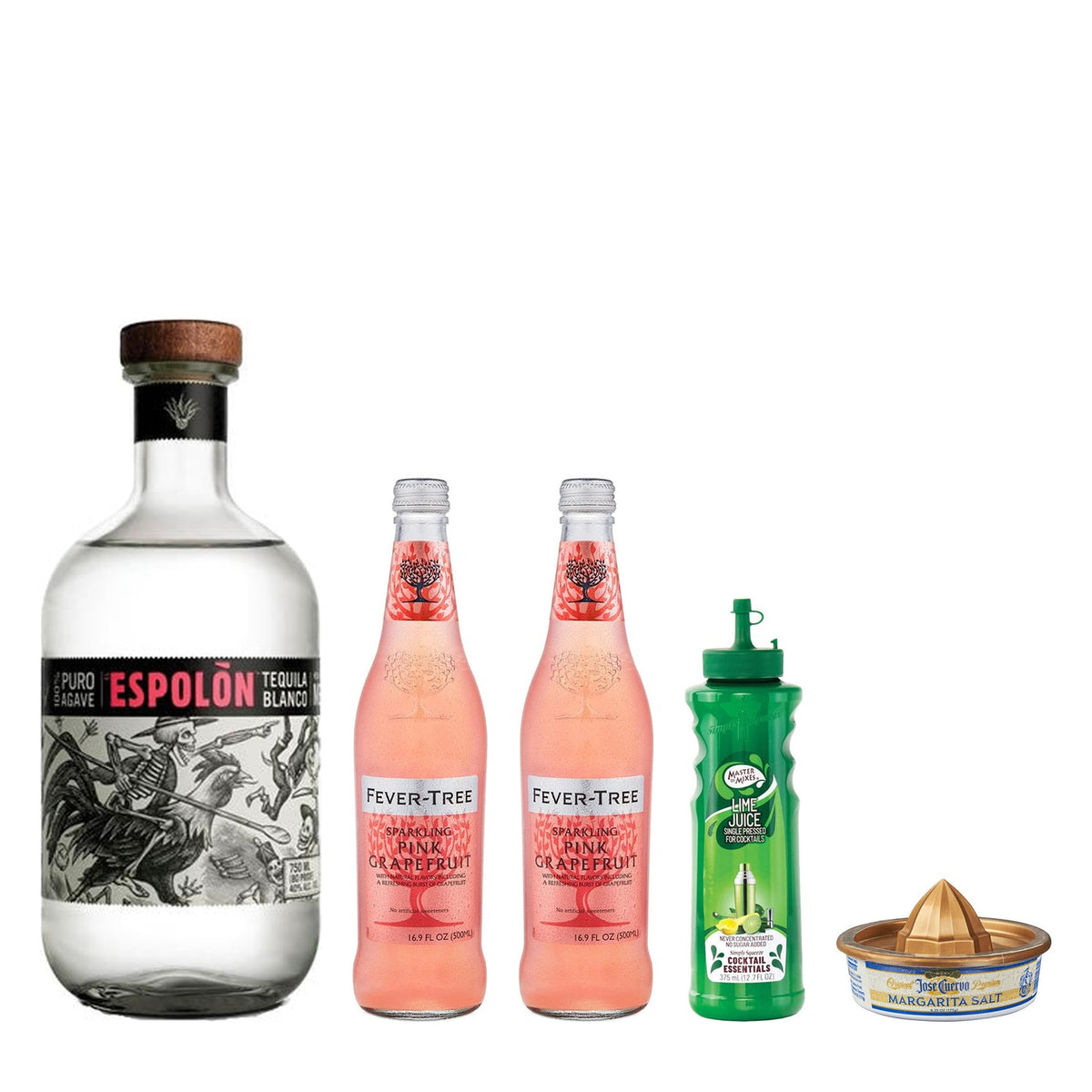 Paloma Kit: Espolon Blanco, two Fever-Tree Sparkling Pink Grapefruit 500ML, Master of Mixes lime juice and Jose Cuervo margarita salt
