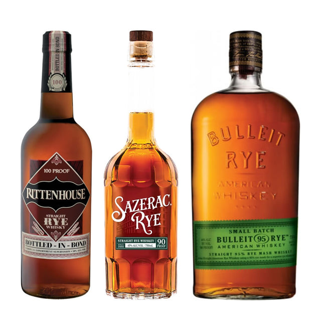 Rye Whiskey Trio: Rittenhouse, Sazerac and Bulleit Rye