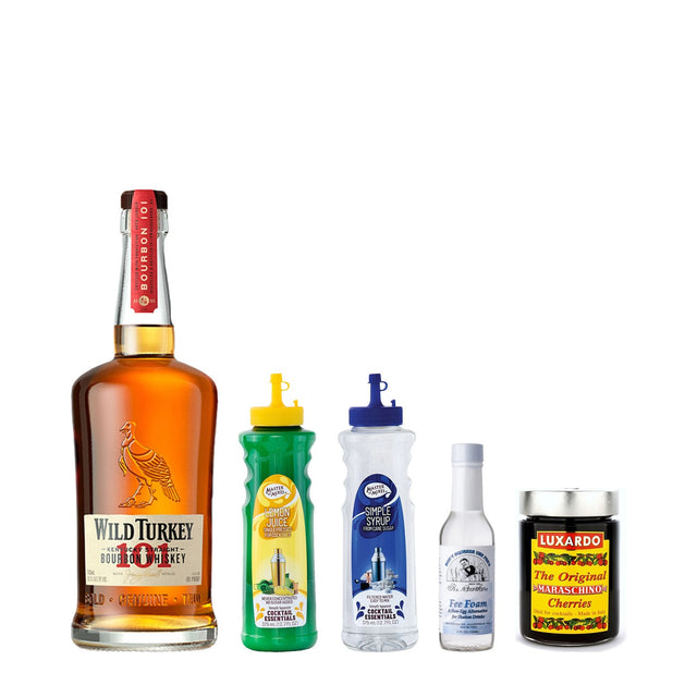 Whiskey Sour Kit: Wild Turkey 101 Bourbon, Master of Mixes lemon juice and simple syrup, Fee Brothers Fee Foam and Luxardo Maraschino Cherries